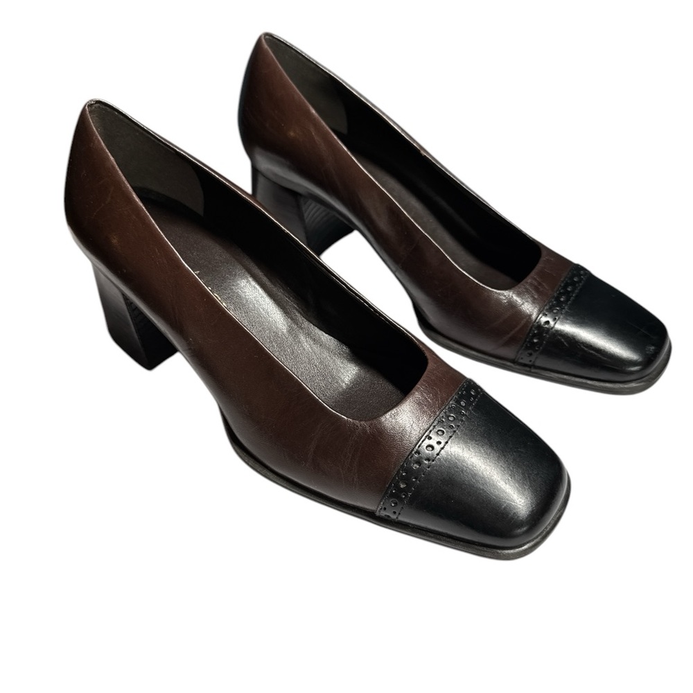 Enzo Angiolini Chocolate Brown& Black Square Toe Windsor Pumps 5.5